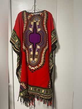 Santé Boho Red Maxi Kaftan Dress with Purple Center Medallion